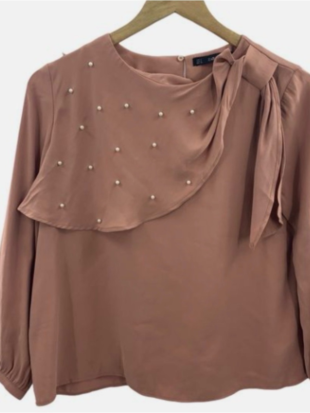 Zara Dusty Rose Pearl-Embellished Tie-Neck Blouse
